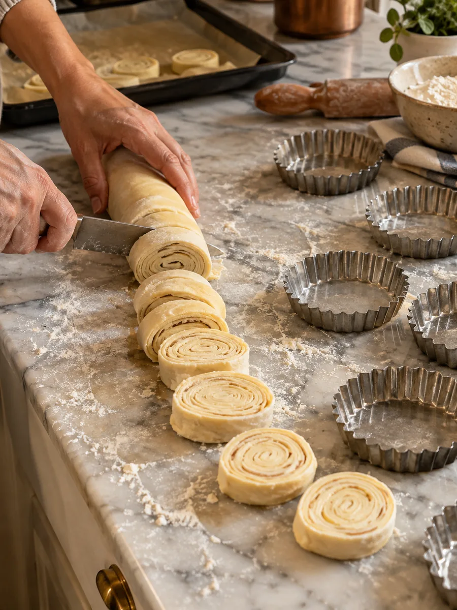 Hands slicing a log of rolled puff pastry into rounds beside a row of small fluted tart tins